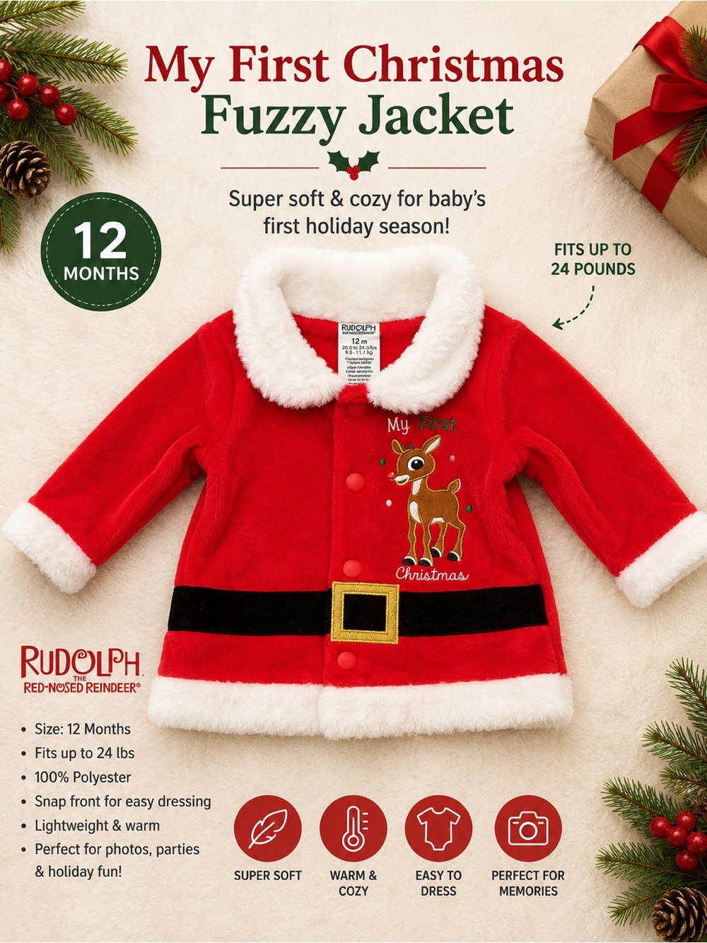 Rudolph My First Christmas Fuzzy Jacket - Red